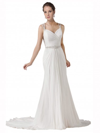 Blanc Fourreau Mousseline Plage Robes de mariée en Ligne
