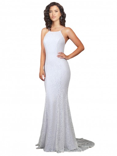 Blanc Sirène Col Haut Balayage train Dentelle Robes de mariée en Ligne