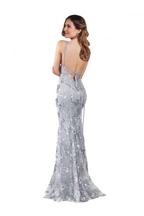 Argent Sirène Col V Crêpe Stretch Paillette Tulle Longue Formelles Robes demoiselle d'honneur / Robes de soirée / Robes de bal en Ligne