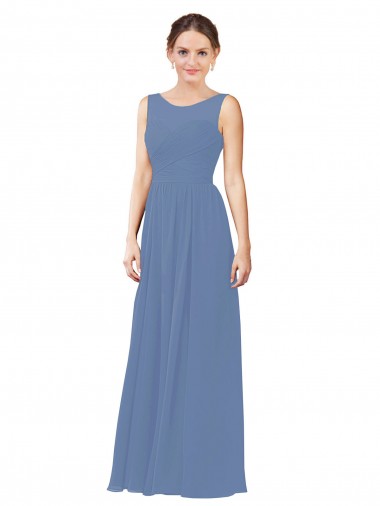 Bleu Windsor Fourreau Illusion Mousseline Longue Robes demoiselle d'honneur en Ligne