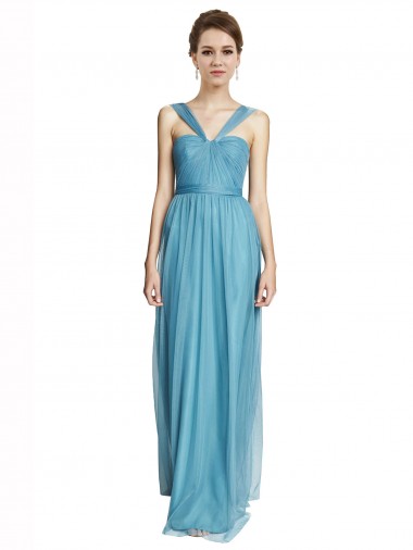 Bleu ciel Trapèze Bretelles spaghetti Col V Tulle Longue Robes demoiselle d'honneur en Ligne