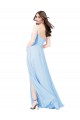 Bleu ciel clair Fourreau Bretelles spaghetti Col Carré Mousseline Longue Robes demoiselle d'honneur en Ligne