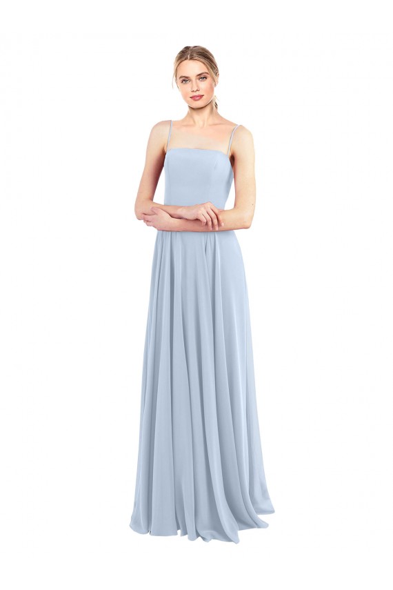 Bleu ciel clair Trapèze Bretelles spaghetti Col Carré Mousseline Longue Robes demoiselle d'honneur en Ligne