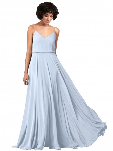 Bleu ciel clair Trapèze Bretelles spaghetti Col V Mousseline Longue Robes demoiselle d'honneur en Ligne