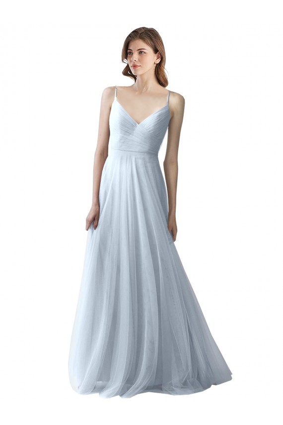 Bleu ciel clair Trapèze Bretelles spaghetti Col V Tulle Longue Robes demoiselle d'honneur en Ligne