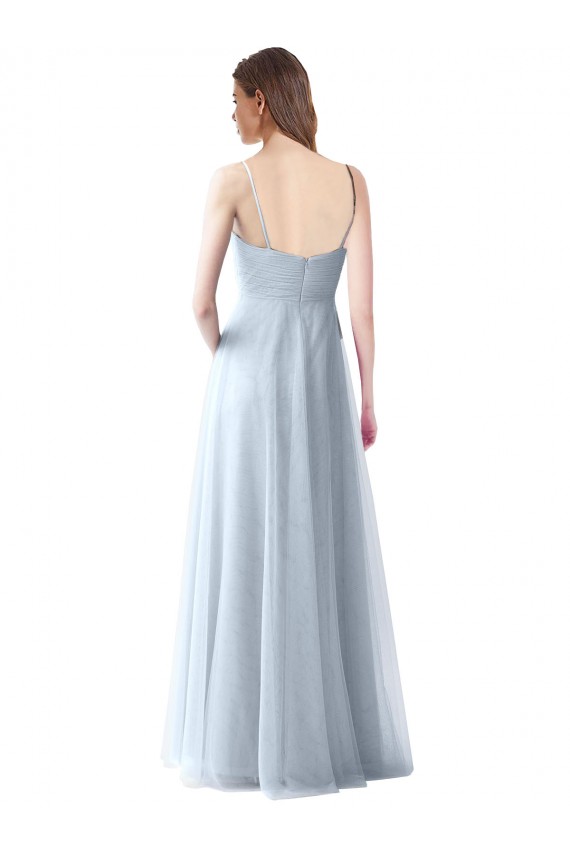 Bleu ciel clair Trapèze Bretelles spaghetti Col V Tulle Longue Robes demoiselle d'honneur en Ligne