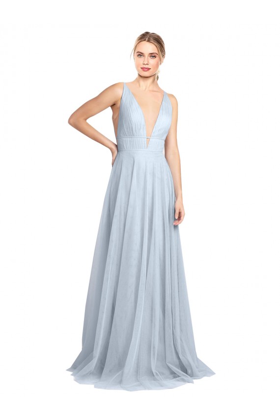 Bleu ciel clair Trapèze Bretelles spaghetti Col V Tulle Longue Robes demoiselle d'honneur en Ligne