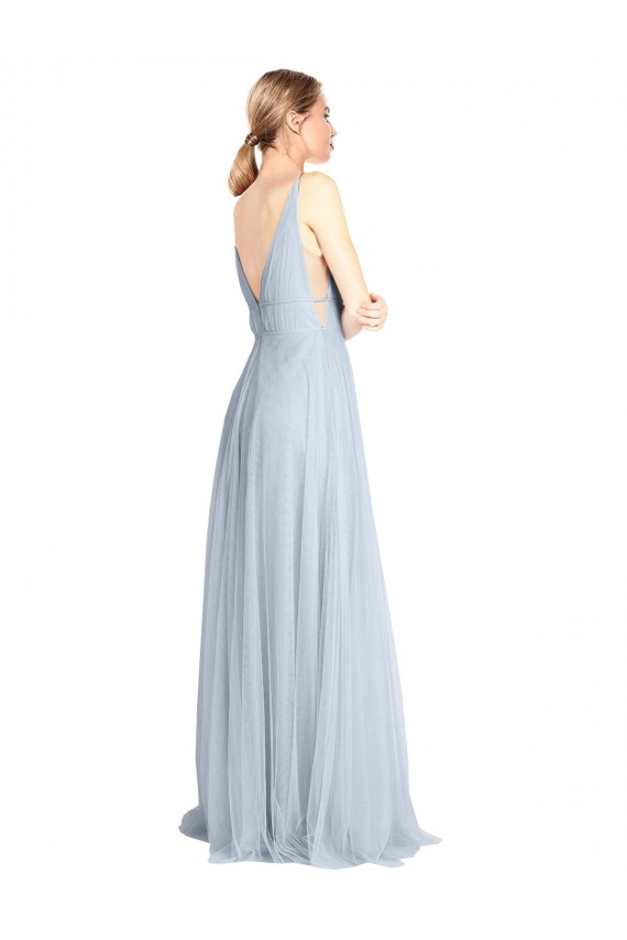 Bleu ciel clair Trapèze Bretelles spaghetti Col V Tulle Longue Robes demoiselle d'honneur en Ligne