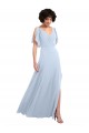 Bleu ciel clair Trapèze Col V Mousseline Longue Robes demoiselle d'honneur en Ligne