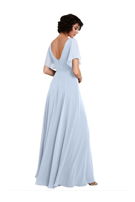 Bleu ciel clair Trapèze Col V Mousseline Longue Robes demoiselle d'honneur en Ligne