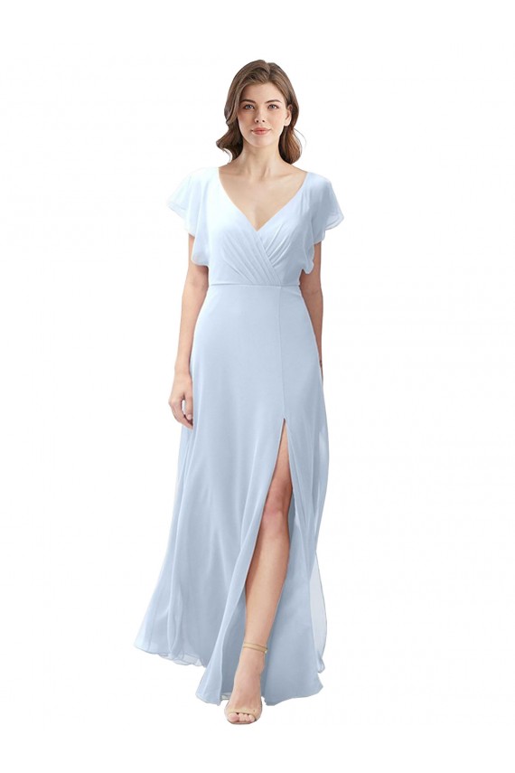 Bleu ciel clair Trapèze Col V Mousseline Longue Robes demoiselle d'honneur en Ligne