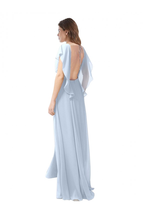 Bleu ciel clair Trapèze Col V Mousseline Longue Robes demoiselle d'honneur en Ligne