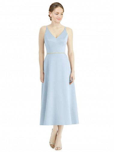 Bleu ciel clair Trapèze Col V Satiné Longue Robes demoiselle d'honneur en Ligne
