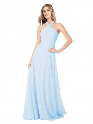 Bleu ciel clair Trapèze Licou Col Haut Mousseline Longue Robes demoiselle d'honneur en Ligne