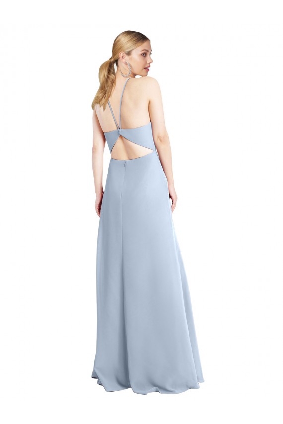Bleu ciel clair Trapèze Licou Mousseline Longue Robes demoiselle d'honneur en Ligne