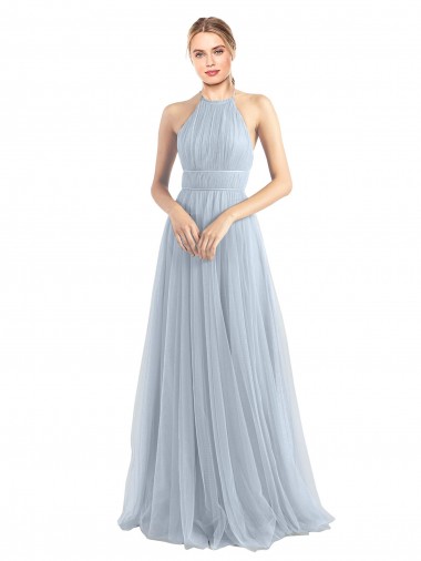 Bleu ciel clair Trapèze Licou Tulle Longue Robes demoiselle d'honneur en Ligne