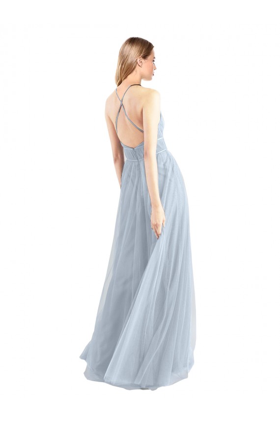 Bleu ciel clair Trapèze Licou Tulle Longue Robes demoiselle d'honneur en Ligne