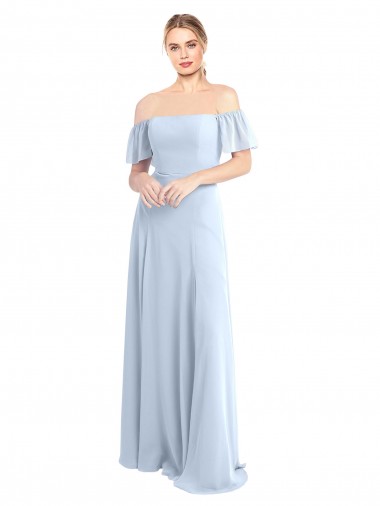 Bleu ciel clair Trapèze Épaule Dénudée Col Carré Mousseline Longue Robes demoiselle d'honneur en Ligne