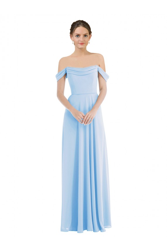 Bleu ciel clair Trapèze Épaule Dénudée Mousseline Longue Formelles Robes demoiselle d'honneur / Robes de soirée en Ligne