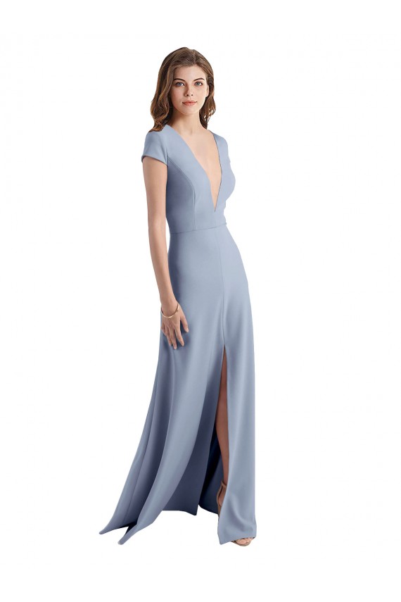 Bleu fumée Fourreau Col V Crêpe Stretch Longue Robes demoiselle d'honneur / Robes de bal en Ligne