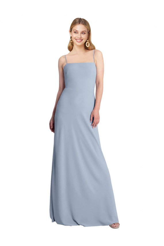 Bleu fumée Trapèze Col Carré Crêpe Stretch Longue Robes demoiselle d'honneur / Robes de bal en Ligne