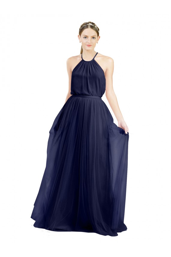 Bleu marine 21 Trapèze Licou Col Haut Tulle Longue Robes demoiselle d'honneur en Ligne