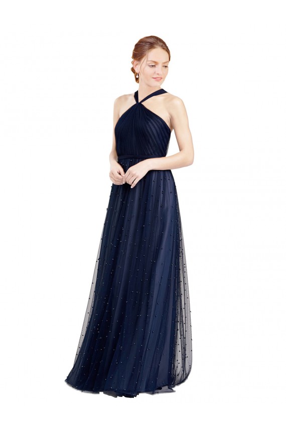 Bleu marine 21 Trapèze Licou Tulle Longue Robes demoiselle d'honneur en Ligne