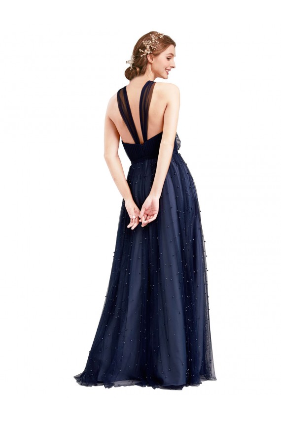 Bleu marine 21 Trapèze Licou Tulle Longue Robes demoiselle d'honneur en Ligne