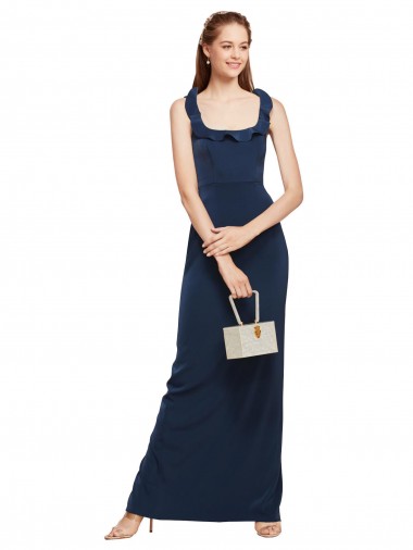 Bleu marine foncé Fourreau Scoop Crêpe Stretch Longue Formelles Robes demoiselle d'honneur / Robes de soirée / Robes de bal en Ligne