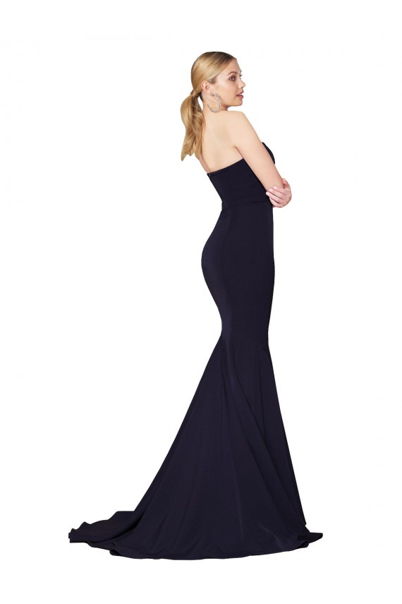 Bleu marine foncé Sirène Col Haut Balayage train Crêpe Stretch Longue Formelles Robes demoiselle d'honneur / Robes de soirée / Robes de bal en Ligne