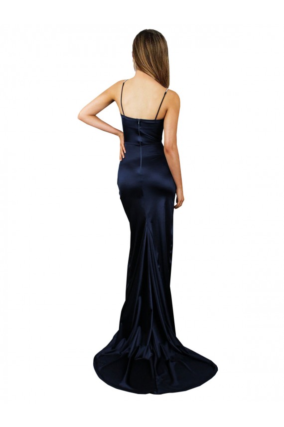 Bleu marine foncé Sirène Satiné Stretch Longue Formelles Robes demoiselle d'honneur / Robes de soirée / Robes de bal en Ligne
