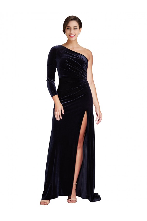 Bleu marine foncé Trapèze Balayage train Velours Stretch Longue Formelles Robes demoiselle d'honneur / Robes de soirée / Robes de bal en Ligne