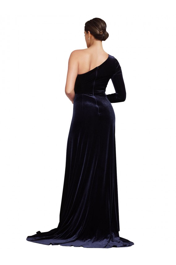 Bleu marine foncé Trapèze Balayage train Velours Stretch Longue Formelles Robes demoiselle d'honneur / Robes de soirée / Robes de bal en Ligne