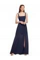 Bleu marine foncé Trapèze Bretelles spaghetti Col Carré Mousseline Longue Robes demoiselle d'honneur en Ligne
