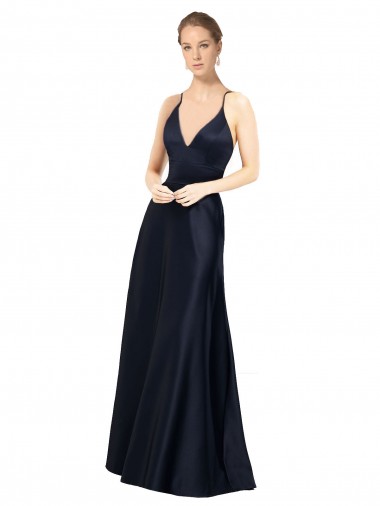 Bleu marine foncé Trapèze Bretelles spaghetti Col V Satiné Longue Robes demoiselle d'honneur / Robes de bal en Ligne
