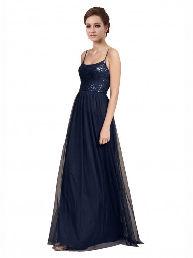 Bleu marine foncé Trapèze Bretelles spaghetti Tulle Dentelle Longue Robes demoiselle d'honneur en Ligne