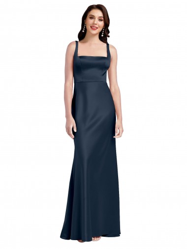 Bleu marine foncé Trapèze Col Carré Satiné Stretch Longue Formelles Robes demoiselle d'honneur / Robes de soirée / Robes de bal en Ligne
