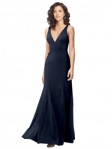 Bleu marine foncé Trapèze Col V Crêpe Stretch Longue Formelles Robes demoiselle d'honneur / Robes de soirée / Robes de bal en Ligne