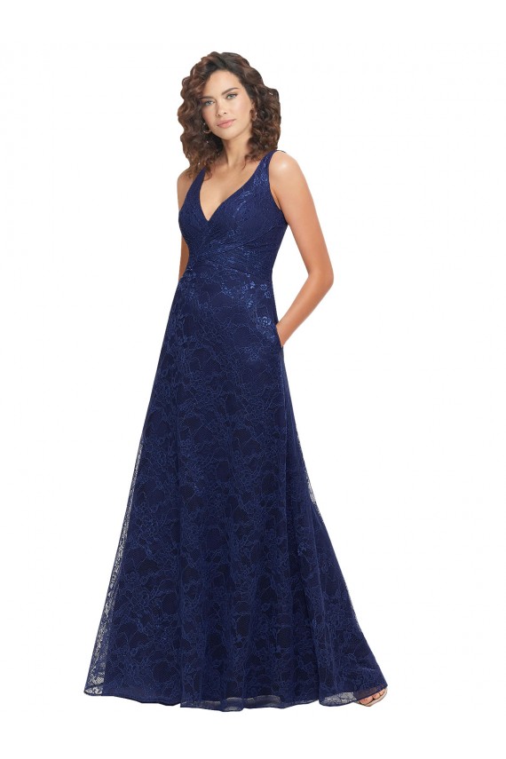 Bleu marine foncé Trapèze Col V Dentelle Longue Robes demoiselle d'honneur en Ligne
