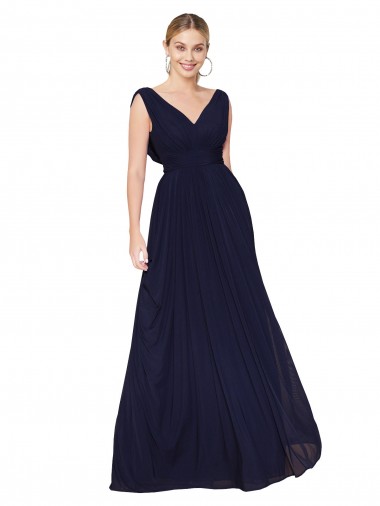 Bleu marine foncé Trapèze Col V Mousseline Longue Formelles Robes demoiselle d'honneur / Robes de soirée / Robes de bal en Ligne