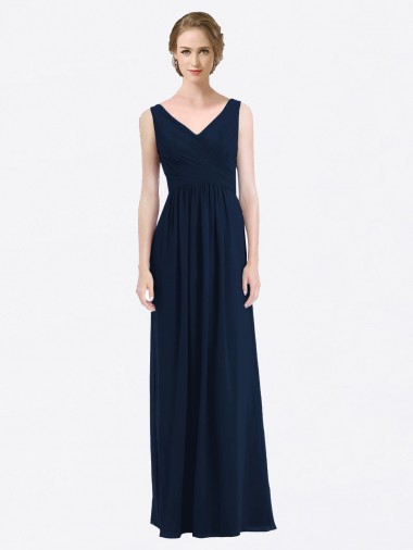 Bleu marine foncé Trapèze Col V Mousseline Longue Robes demoiselle d'honneur en Ligne