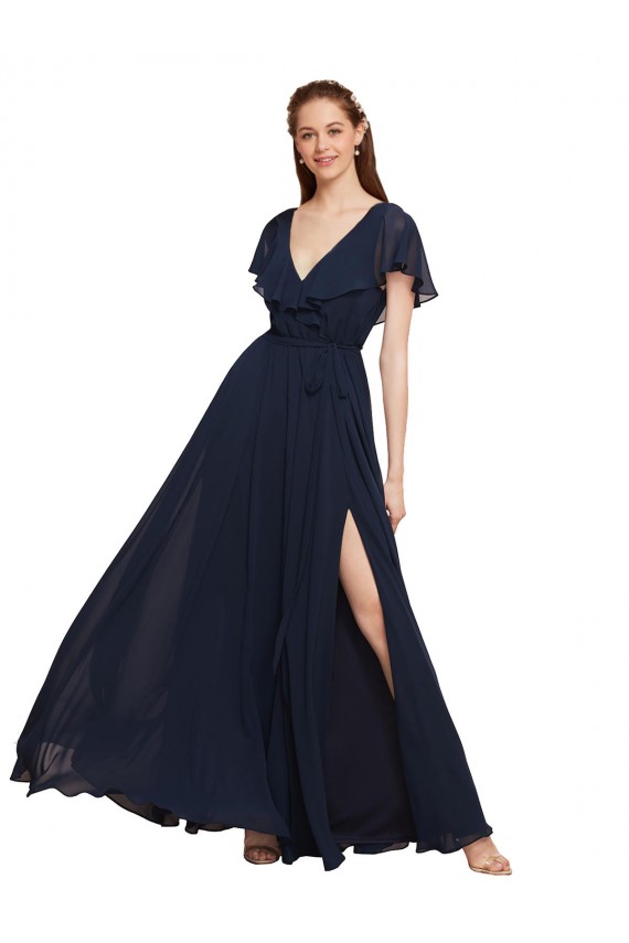 Bleu marine foncé Trapèze Col V Mousseline Longue Robes demoiselle d'honneur en Ligne