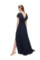 Bleu marine foncé Trapèze Col V Mousseline Longue Robes demoiselle d'honneur en Ligne