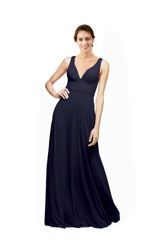 Bleu marine foncé Trapèze Col V Mousseline Longue Robes demoiselle d'honneur en Ligne
