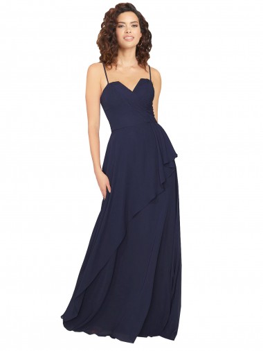 Bleu marine foncé Trapèze Col V Mousseline Longue Robes demoiselle d'honneur en Ligne
