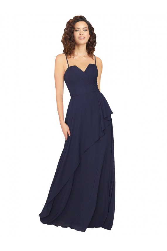 Bleu marine foncé Trapèze Col V Mousseline Longue Robes demoiselle d'honneur en Ligne