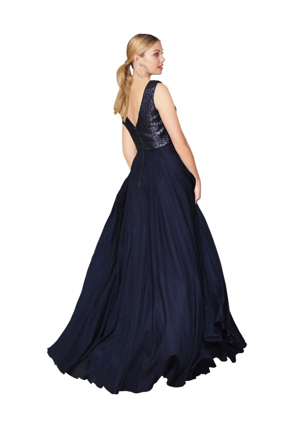 Bleu marine foncé Trapèze Col V Mousseline Paillette Longue Robes demoiselle d'honneur / Robes de bal en Ligne