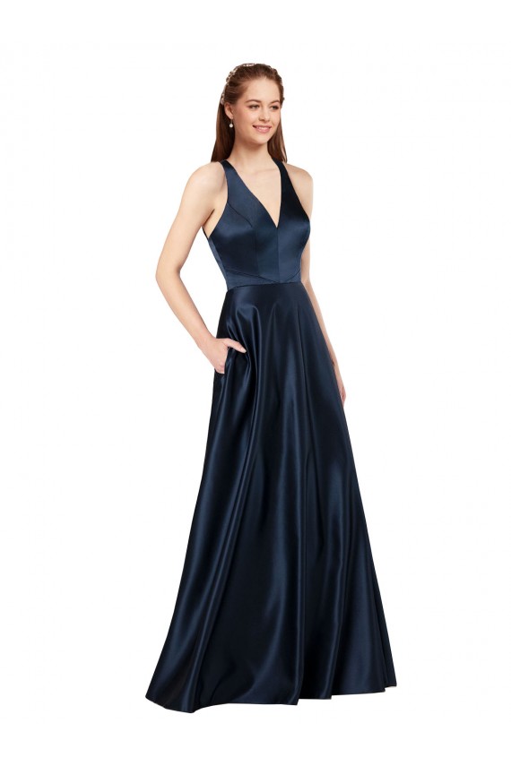 Bleu marine foncé Trapèze Col V Satiné Longue Formelles Robes demoiselle d'honneur / Robes de soirée / Robes de bal en Ligne