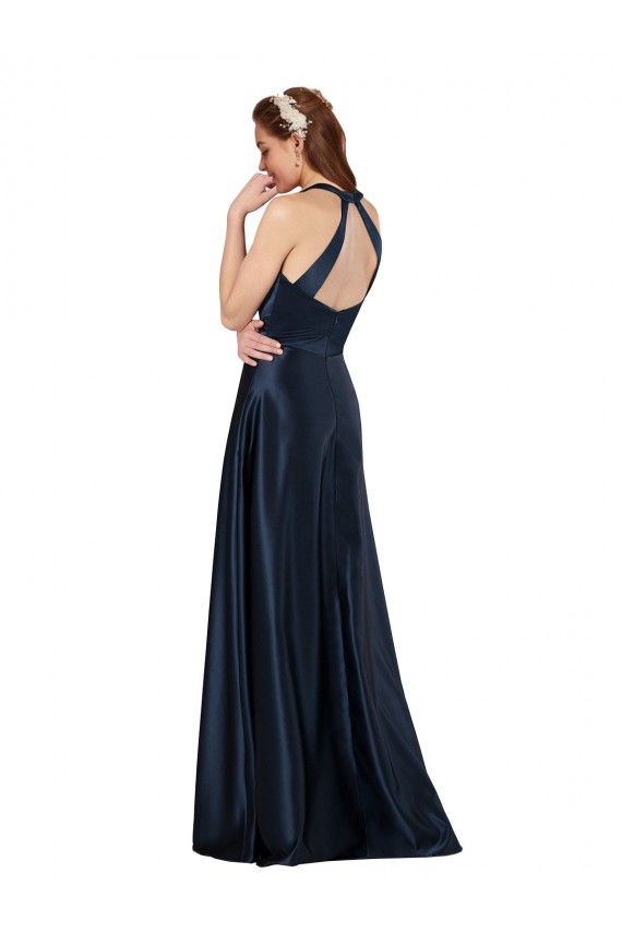 Bleu marine foncé Trapèze Col V Satiné Longue Formelles Robes demoiselle d'honneur / Robes de soirée / Robes de bal en Ligne