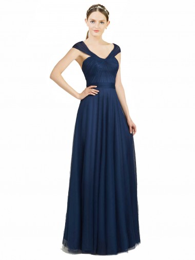 Bleu marine foncé Trapèze Col V Tulle Longue Robes demoiselle d'honneur en Ligne